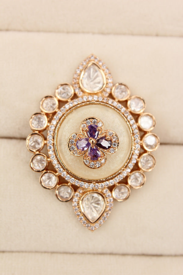 Premium Quality Kundan Ring With Center Flower Design And Purple Colour Stones Adjustable Ring (KR001-PU)