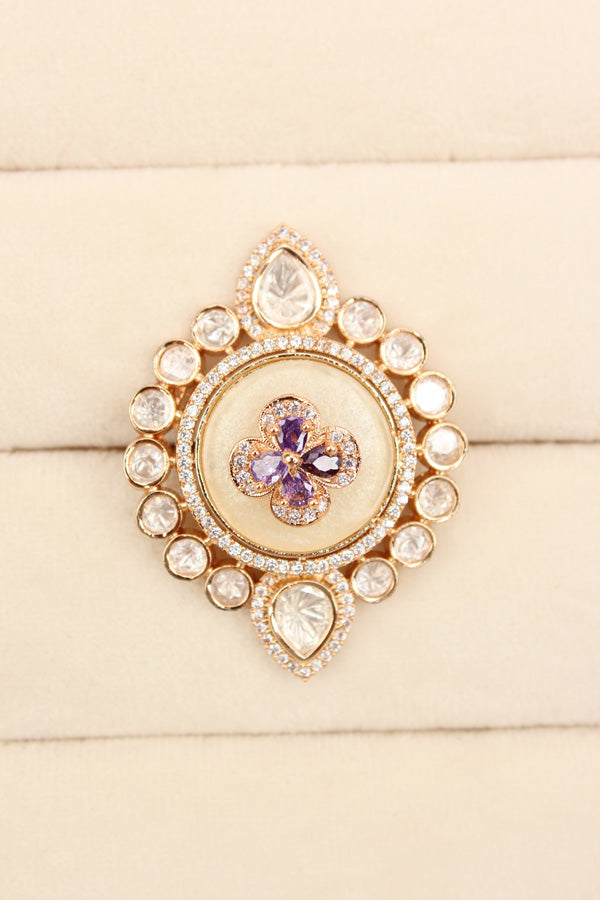 Premium Quality Kundan Ring With Center Flower Design And Purple Colour Stones Adjustable Ring (KR001-PU)