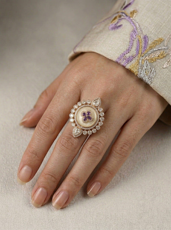 Premium Quality Kundan Ring With Center Flower Design And Purple Colour Stones Adjustable Ring (KR001-PU)