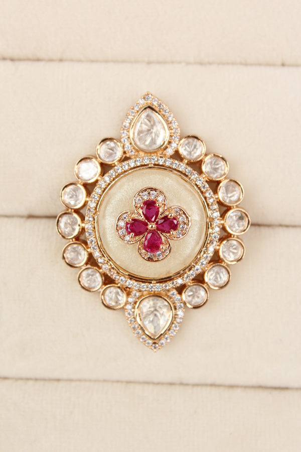 Premium Quality Kundan Ring With Center Flower Design And Red Colour Stones Adjustable Ring (KR001-R)