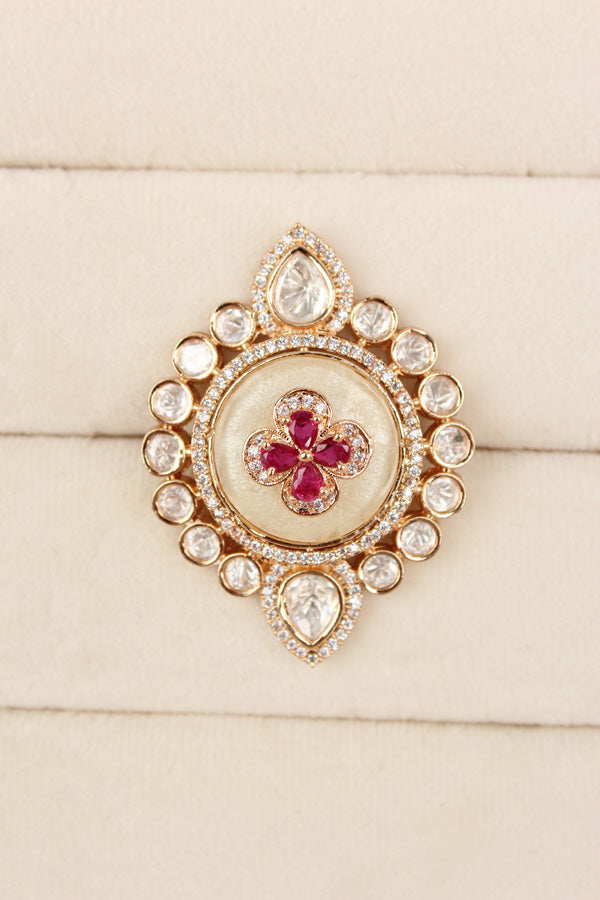 Premium Quality Kundan Ring With Center Flower Design And Red Colour Stones Adjustable Ring (KR001-R)