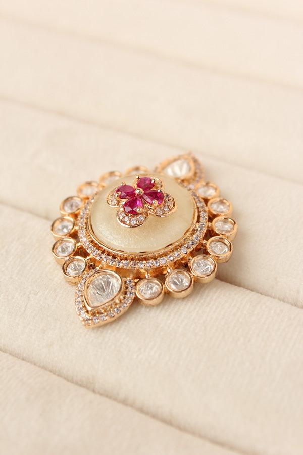 Premium Quality Kundan Ring With Center Flower Design And Red Colour Stones Adjustable Ring (KR001-R)