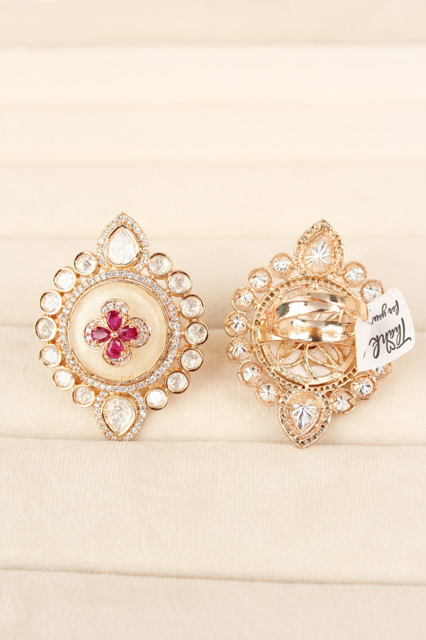 Premium Quality Kundan Ring With Center Flower Design And Red Colour Stones Adjustable Ring (KR001-R)