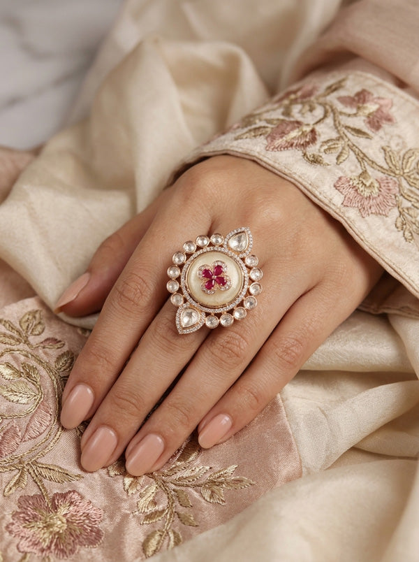 Premium Quality Kundan Ring With Center Flower Design And Red Colour Stones Adjustable Ring (KR001-R)