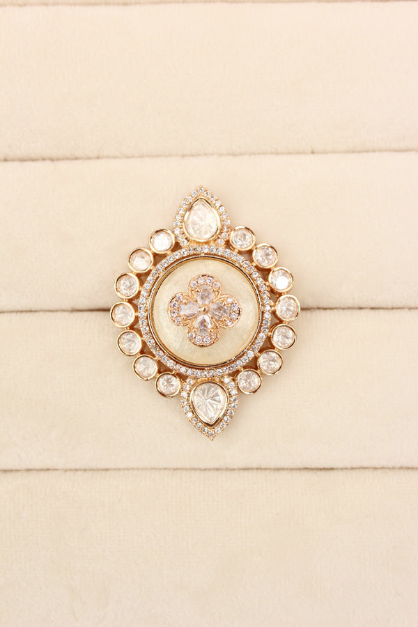 Premium Quality Kundan Ring With Center Flower Design And Silver Colour Stones Adjustable Ring (KR001-S)