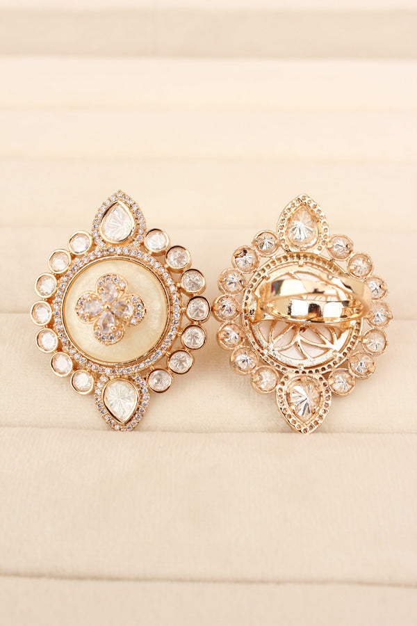 Premium Quality Kundan Ring With Center Flower Design And Silver Colour Stones Adjustable Ring (KR001-S)