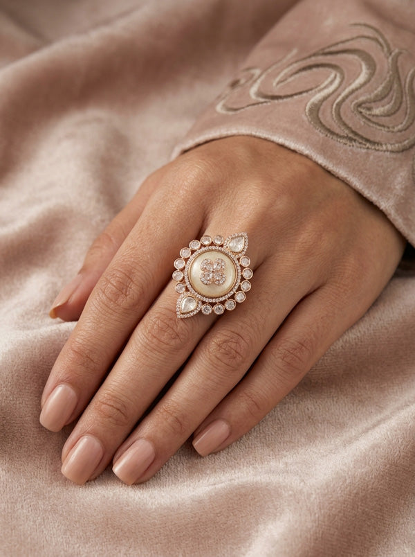 Premium Quality Kundan Ring With Center Flower Design And Silver Colour Stones Adjustable Ring (KR001-S)