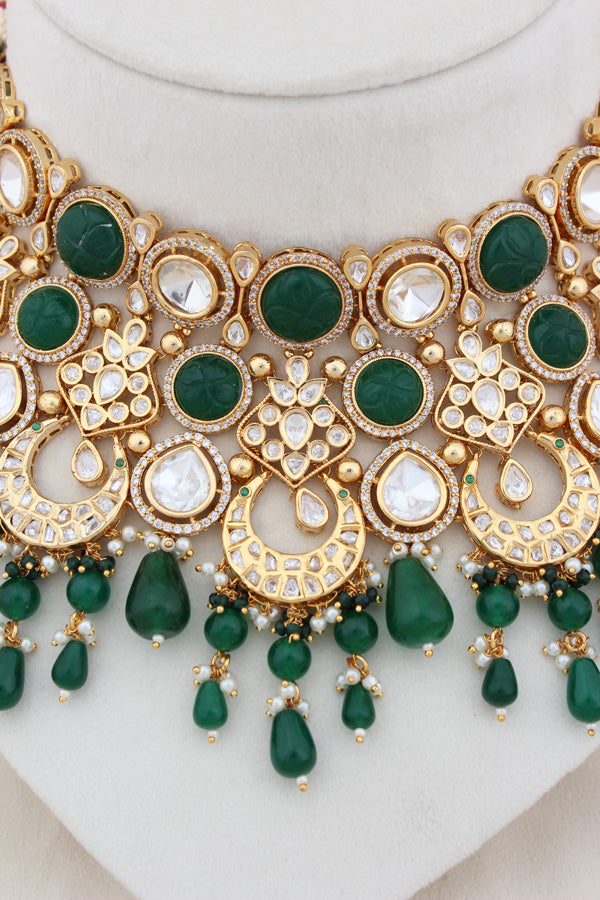 Premium Quality Kundan Set With American Diamonds And Green Color Pearls Attached With Matching Earrings And Tikka(NK005-G-K-B1)