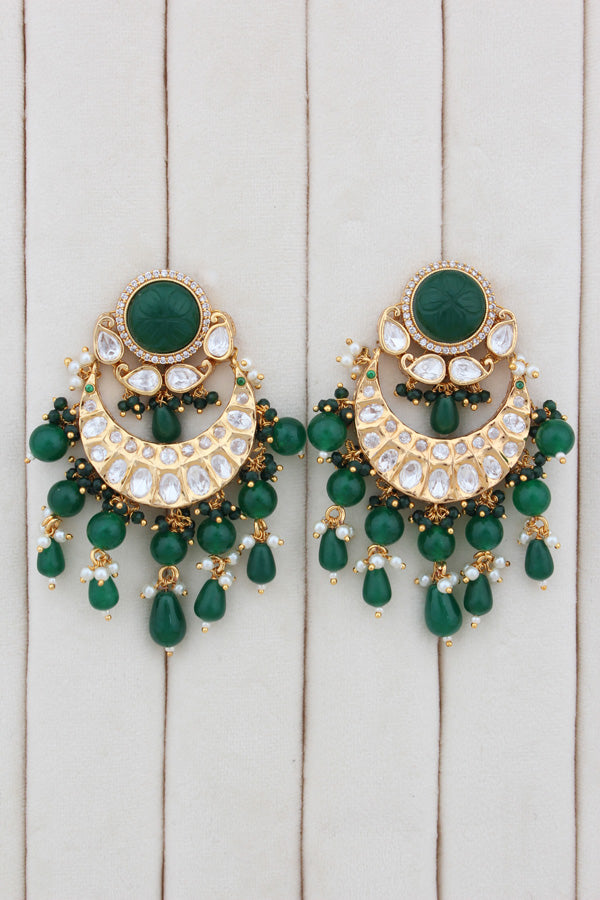 Premium Quality Kundan Set With American Diamonds And Green Color Pearls Attached With Matching Earrings And Tikka(NK005-G-K-B1)
