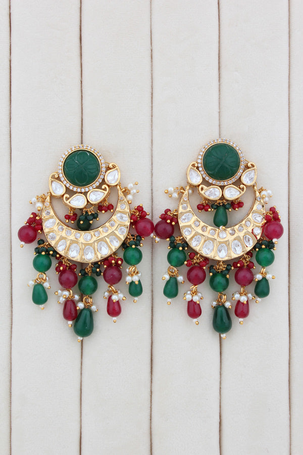 Premium Quality Kundan Set With American Diamonds And Red And Green Color Pearls Attached With Matching Earrings And Tikka(NS005-RG-K-B1)