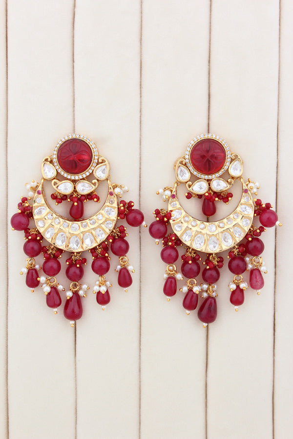 Premium Quality Kundan Set With American Diamonds And Ruby Color Pearls Attached With Matching Earrings And Tikka(NK005-RU-K-B1)