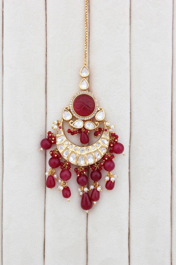 Premium Quality Kundan Set With American Diamonds And Ruby Color Pearls Attached With Matching Earrings And Tikka(NK005-RU-K-B1)