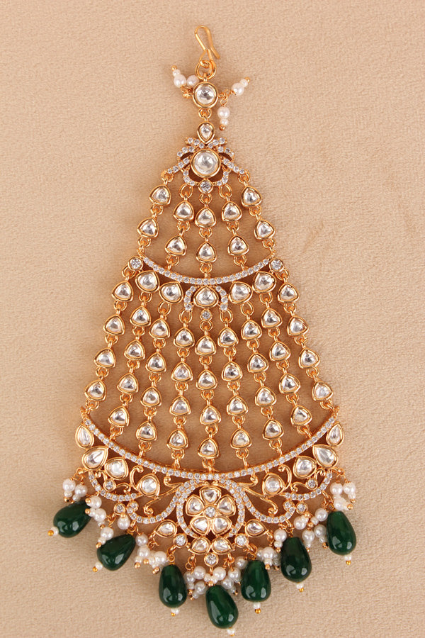 Premium Quality Passa In Gold Polish With Kundan And American Diamonds Attached With Green Pearls And White Beads (PAS003)