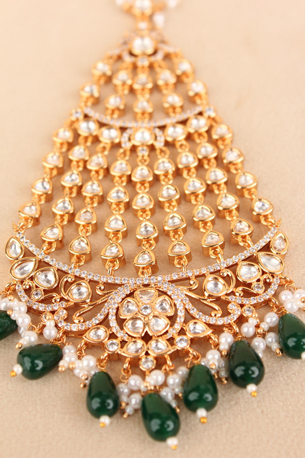 Premium Quality Passa In Gold Polish With Kundan And American Diamonds Attached With Green Pearls And White Beads (PAS003)