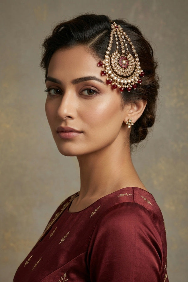 Premium Quality Passa In Mehndi Polish With Maroon Colour Crystal Beads Attached (PAS012-M)