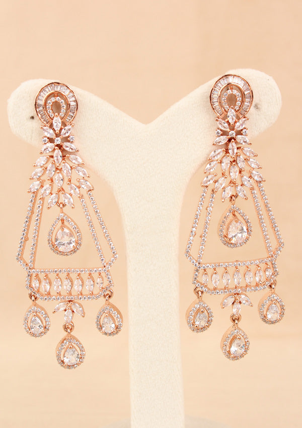 Premium Quality Rose Gold Polish Danglers With Center Design And Silver Colour Stones (ADE013-S)