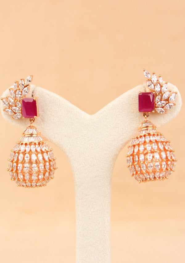 Premium Quality Rose Gold Polish Drop Earrings With Ruby Colour Center Stone (ADE028)