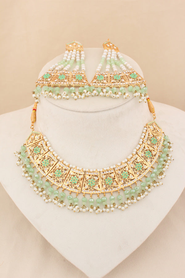 Punjabi Gold Plated Necklace Set with Light Green Beads Along With Earrings And Attached Saharey Also Tikka (PJNS001-LG)