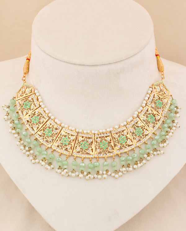 Punjabi Gold Plated Necklace Set with Light Green Beads Along With Earrings And Attached Saharey Also Tikka (PJNS001-LG)