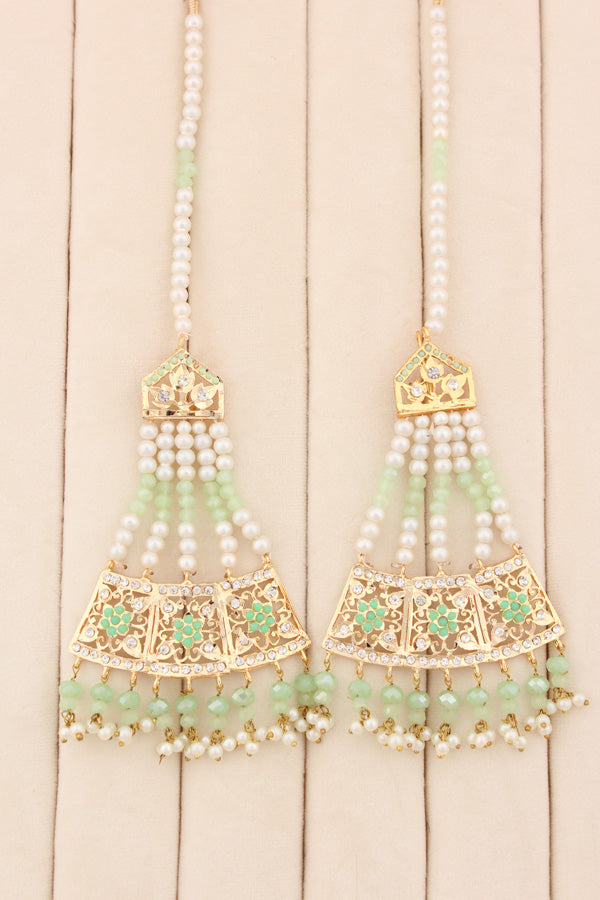 Punjabi Gold Plated Necklace Set with Light Green Beads Along With Earrings And Attached Saharey Also Tikka (PJNS001-LG)