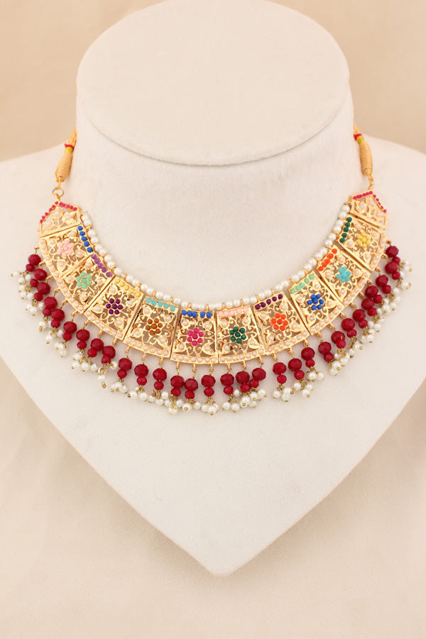 Punjabi Gold Plated Necklace Set with Multi Colour Beads Along With Earrings And Attached Saharey Also Tikka (PJNS001-MU)