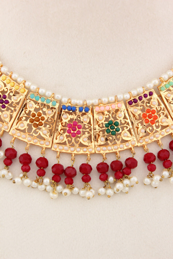 Punjabi Gold Plated Necklace Set with Multi Colour Beads Along With Earrings And Attached Saharey Also Tikka (PJNS001-MU)