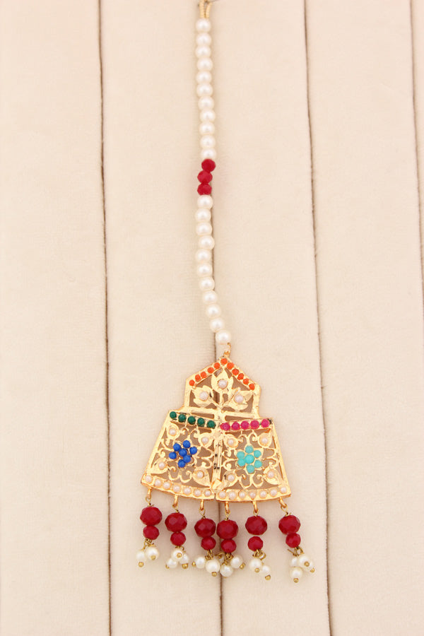 Punjabi Gold Plated Necklace Set with Multi Colour Beads Along With Earrings And Attached Saharey Also Tikka (PJNS001-MU)
