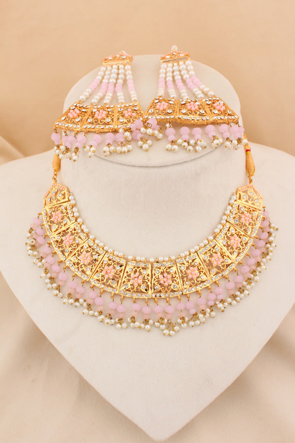 Punjabi Gold Plated Necklace Set with Pink Beads Along With Earrings And Attached Saharey Also Tikka (PJNS001-P)