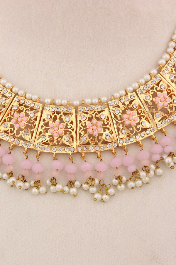 Punjabi Gold Plated Necklace Set with Pink Beads Along With Earrings And Attached Saharey Also Tikka (PJNS001-P)