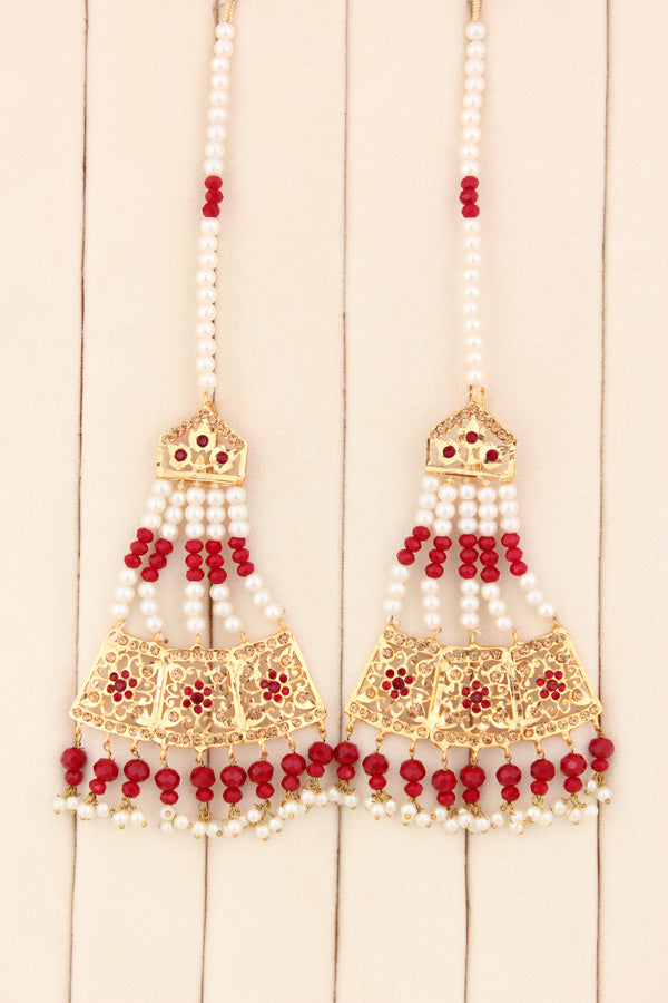 Punjabi Gold Plated Necklace Set with Red Beads Along With Earrings And Attached Saharey Also Tikka (PJNS001-R)