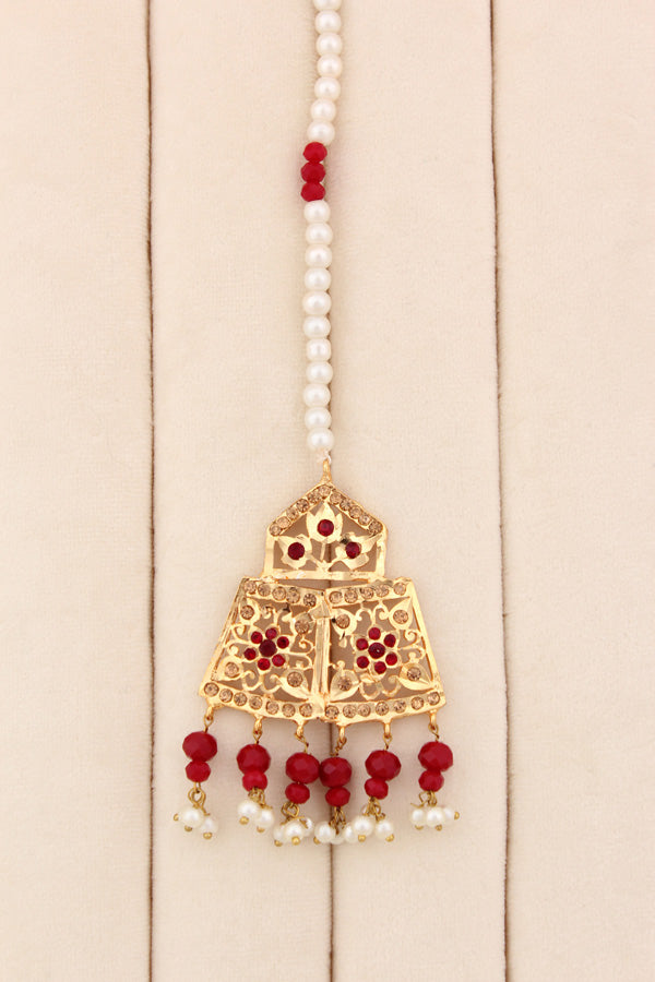 Punjabi Gold Plated Necklace Set with Red Beads Along With Earrings And Attached Saharey Also Tikka (PJNS001-R)