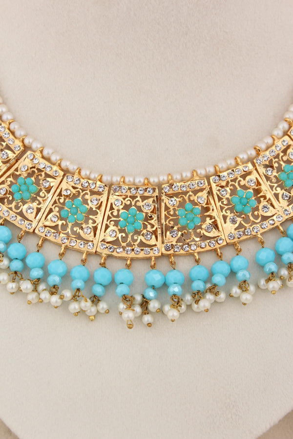 Punjabi Gold Plated Necklace Set with Sky Blue Beads Along With Earrings And Attached Saharey Also Tikka (PJNS001-SB)