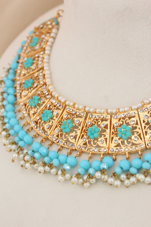 Punjabi Gold Plated Necklace Set with Sky Blue Beads Along With Earrings And Attached Saharey Also Tikka (PJNS001-SB)