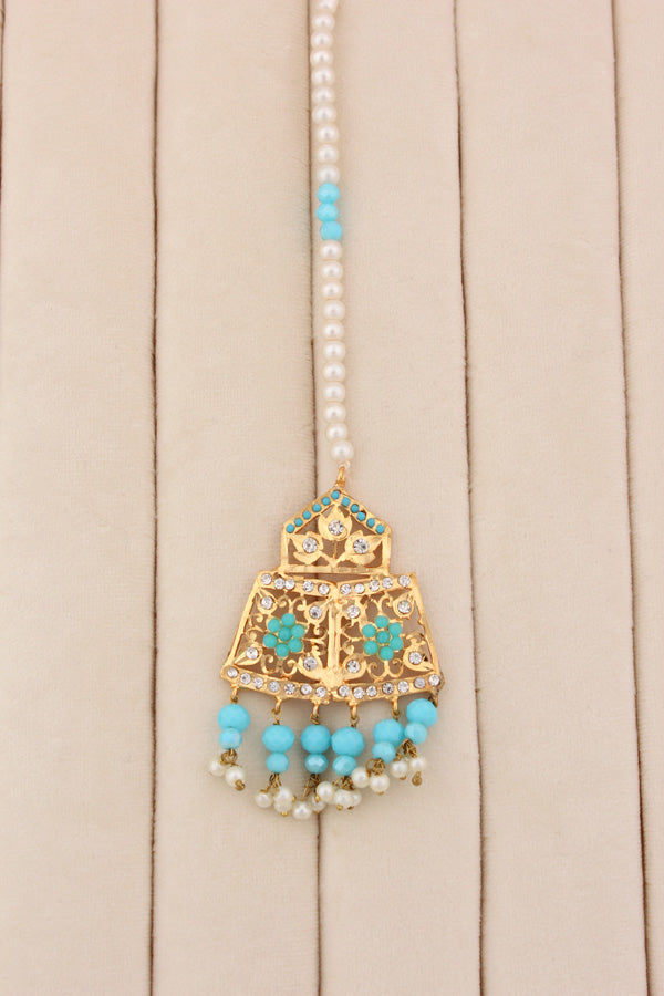 Punjabi Gold Plated Necklace Set with Sky Blue Beads Along With Earrings And Attached Saharey Also Tikka (PJNS001-SB)