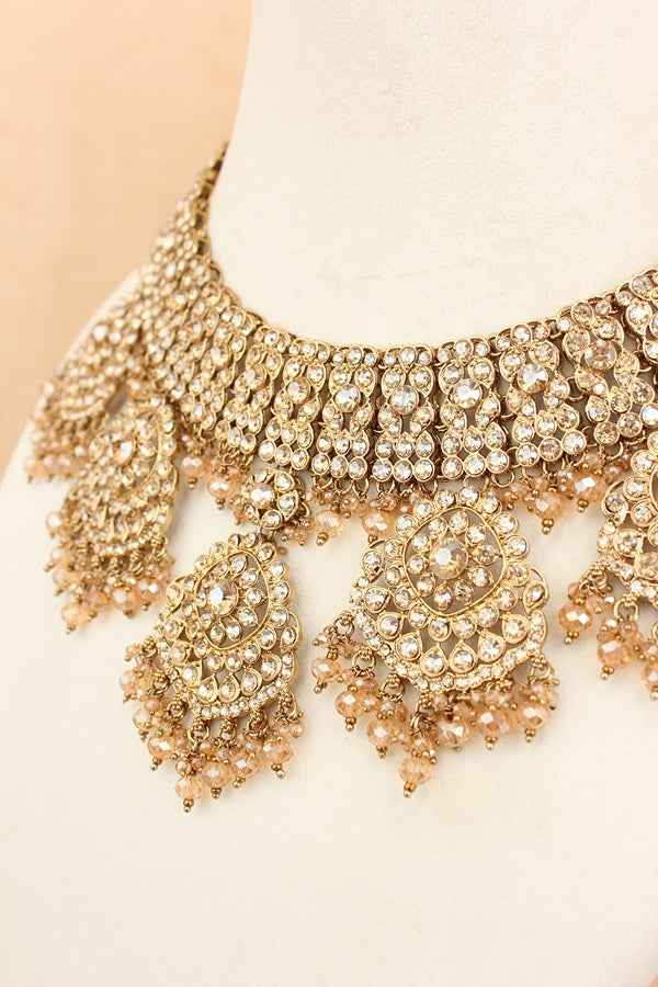 Rani Style Bridal Necklace Set With Golden Stones And Crystal Beads (BS009-Golden)