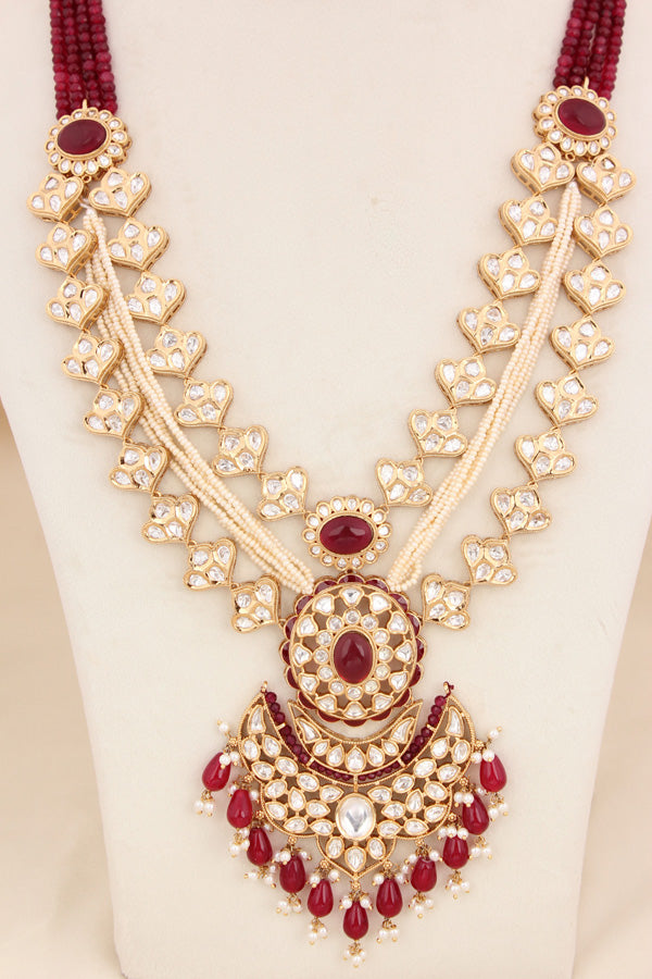 Red Color Beads Attached With Kundan Long Necklace Set In Details With Pendant Also Large Earrings (LKN004R-Kundan)