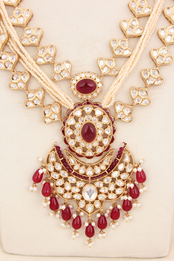 Red Color Beads Attached With Kundan Long Necklace Set In Details With Pendant Also Large Earrings (LKN004R-Kundan)