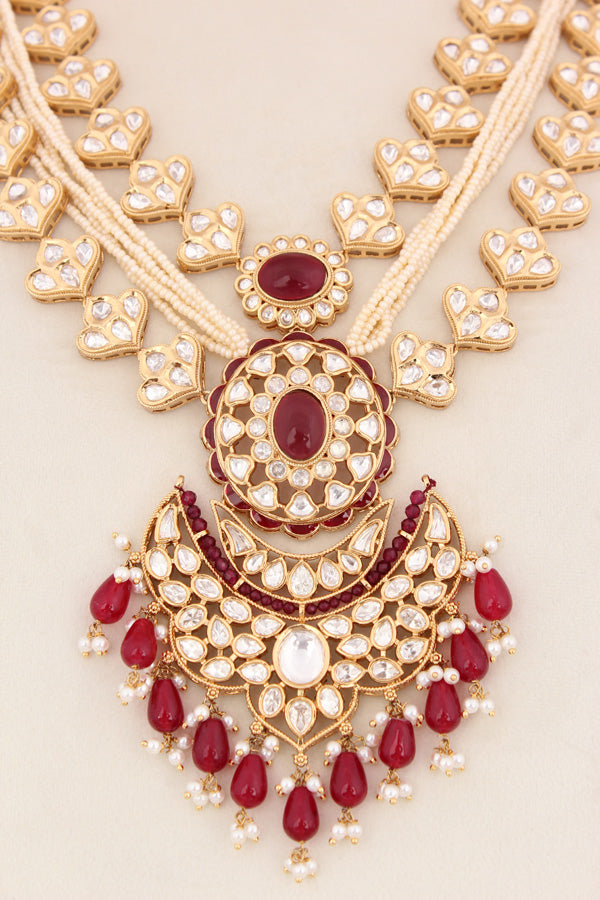 Red Color Beads Attached With Kundan Long Necklace Set In Details With Pendant Also Large Earrings (LKN004R-Kundan)