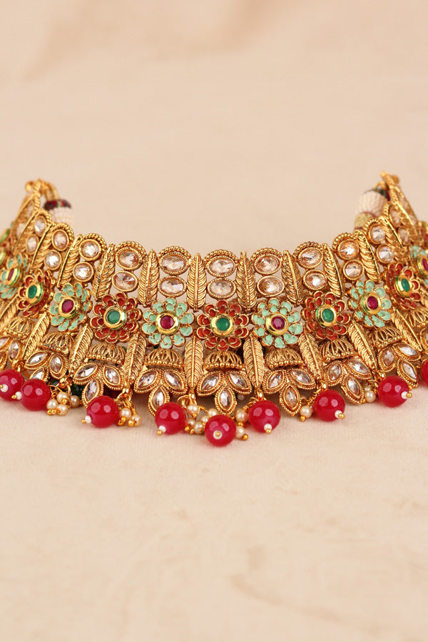 Red Gold Polish Polki Statement Choker With Jhumka Earring And Tikka  (CS004-Polki-B2)