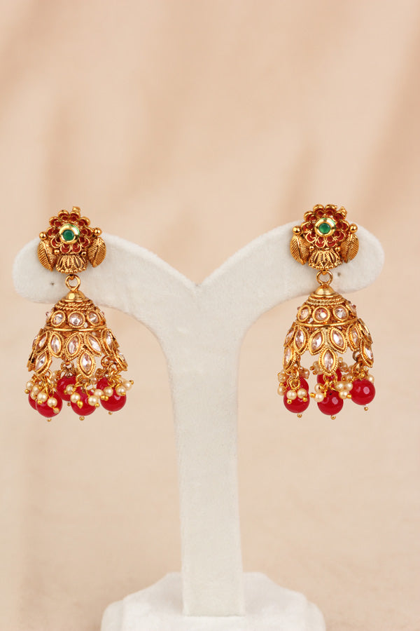 Red Gold Polish Polki Statement Choker With Jhumka Earring And Tikka  (CS004-Polki-B2)