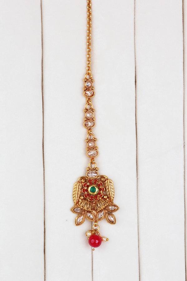 Red Gold Polish Polki Statement Choker With Jhumka Earring And Tikka  (CS004-Polki-B2)