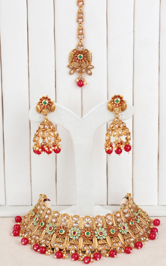 Red Gold Polish Polki Statement Choker With Jhumka Earring And Tikka  (CS004-Polki-B2)