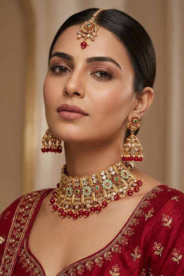 Red Gold Polish Polki Statement Choker With Jhumka Earring And Tikka