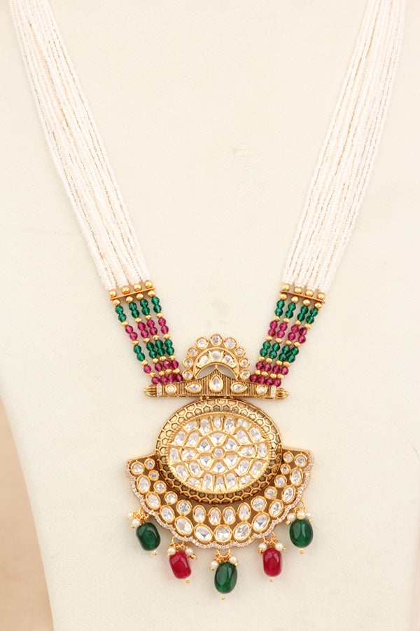 Kundan Mala With Crystal Beads And Large Pendant With Matching Small Earings  (LKN006RG-Kundan)