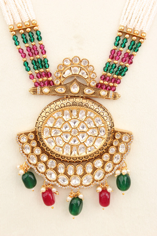 Kundan Mala With Crystal Beads And Large Pendant With Matching Small Earings  (LKN006RG-Kundan)