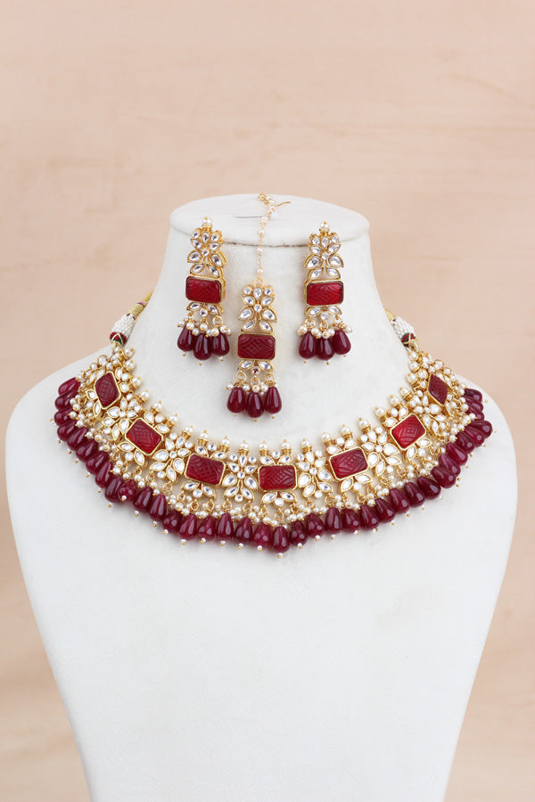 Red Kundan Necklace Set With Matching Earrings And Tikka (IGNK011)