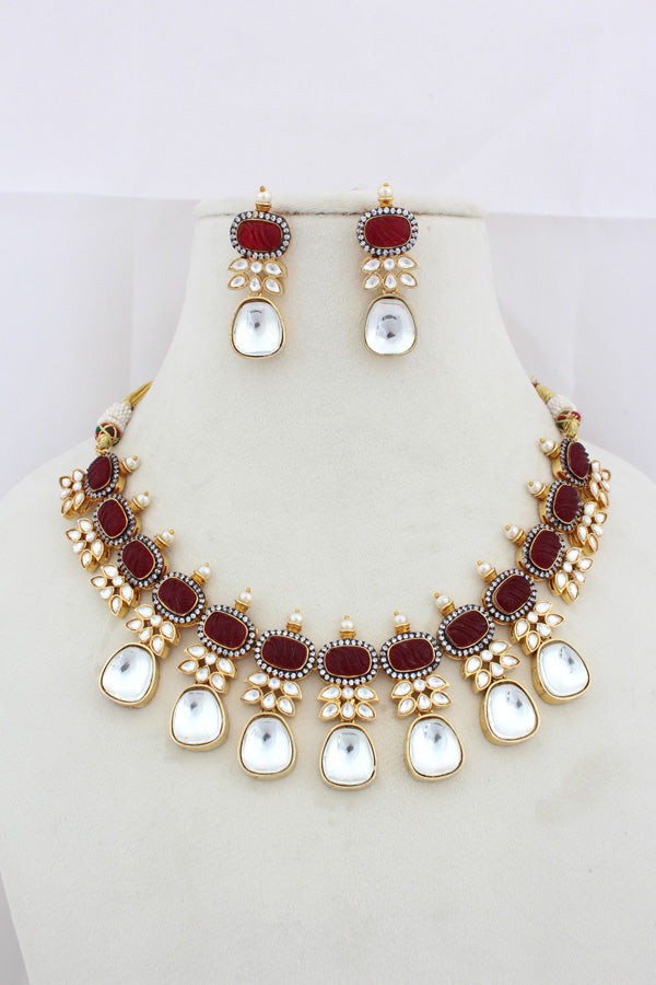 Red Necklace In Kundan With Earrings And Tikka (IGNK007)
