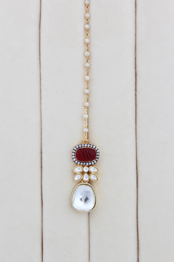 Red Necklace In Kundan With Earrings And Tikka (IGNK007)