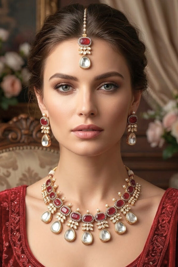 Red Necklace In Kundan With Earrings And Tikka (IGNK007)
