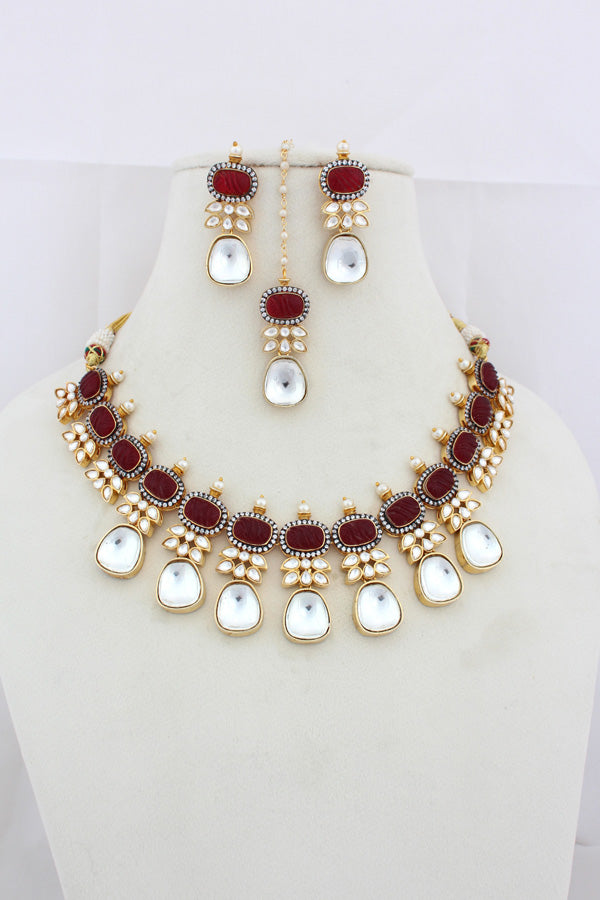 Red Necklace In Kundan With Earrings And Tikka (IGNK007)